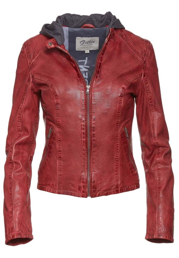rode leren jas voor dames met capuchon